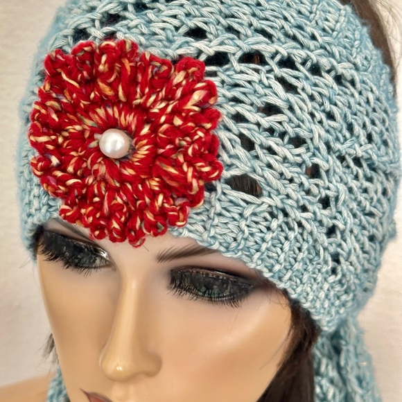 Hand Knits 2 Love Cotton Bandana Headband Scarf Lace Flower Beads Designer Sage - Picture 2 of 13